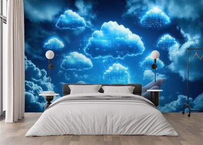 Futuristic cloud computing background showcasing a businessmanâs hand with cloud icons, representing data transfer, secure online storage, and application system connectivity. Wall mural